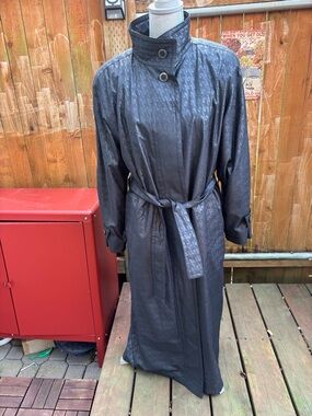 Vintage London Fog Black Houndstooth Trench Coat Funnel Neck Matrix Y2K
